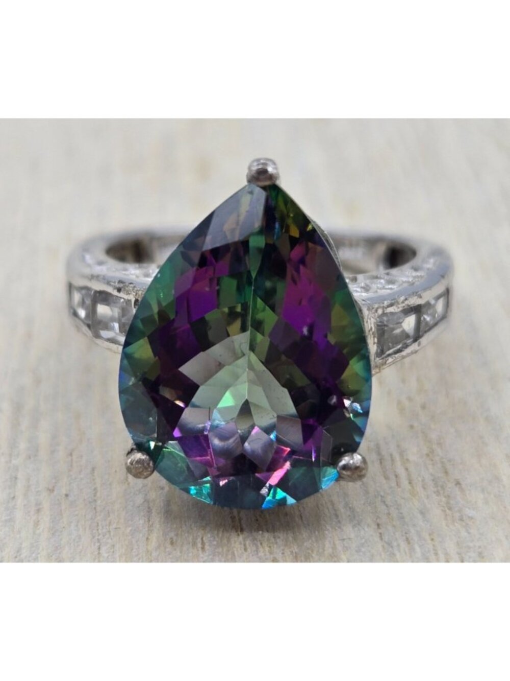Sterling 925 Chuck Clemency STS Pear Shape Mystic Topaz Clear CZ Sz 7